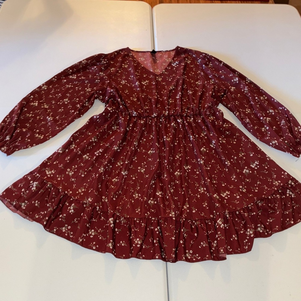 Burgundy Floral Long Sleeve V-Neck Ruffle Mini Dress Wine Red Elastic Waist